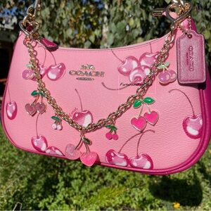 Pink Cherry Half n Half Bag Charm Chain Strap Baby Pink & Hot Pink Cherries